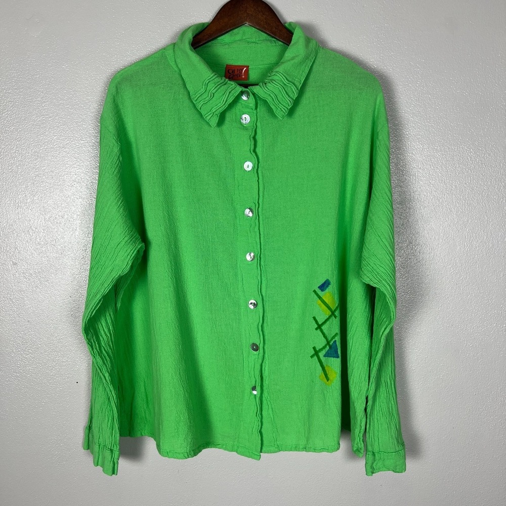 Oh My Gauze! 3 Top Womens XXL Green Long Sleeve Button Up Cotton Beach Artsy Art